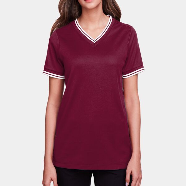 Women's CrownLux Performance® Plaited Tipped V-Neck Shirt Thumbnail