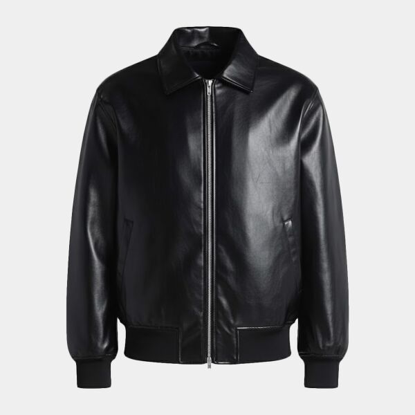 Unisex PU Leather Collared Varsity Jacket Thumbnail