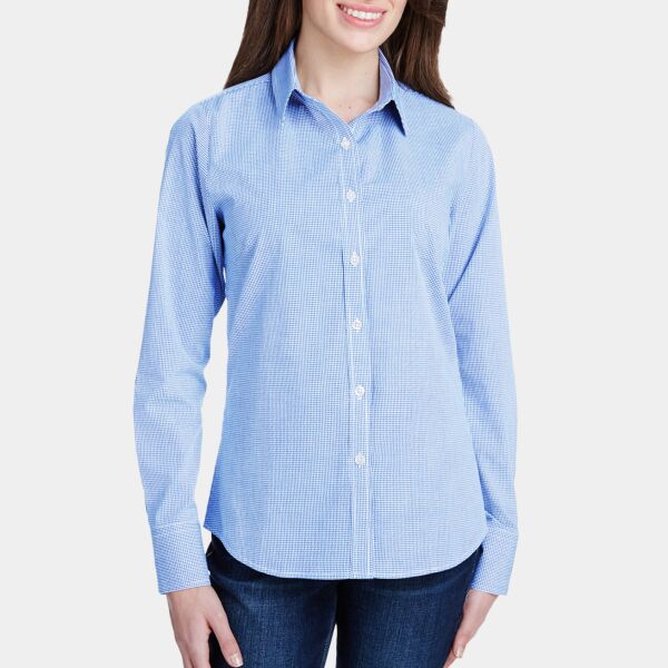Ladies' Microcheck Gingham Long-Sleeve Cotton Shirt Thumbnail
